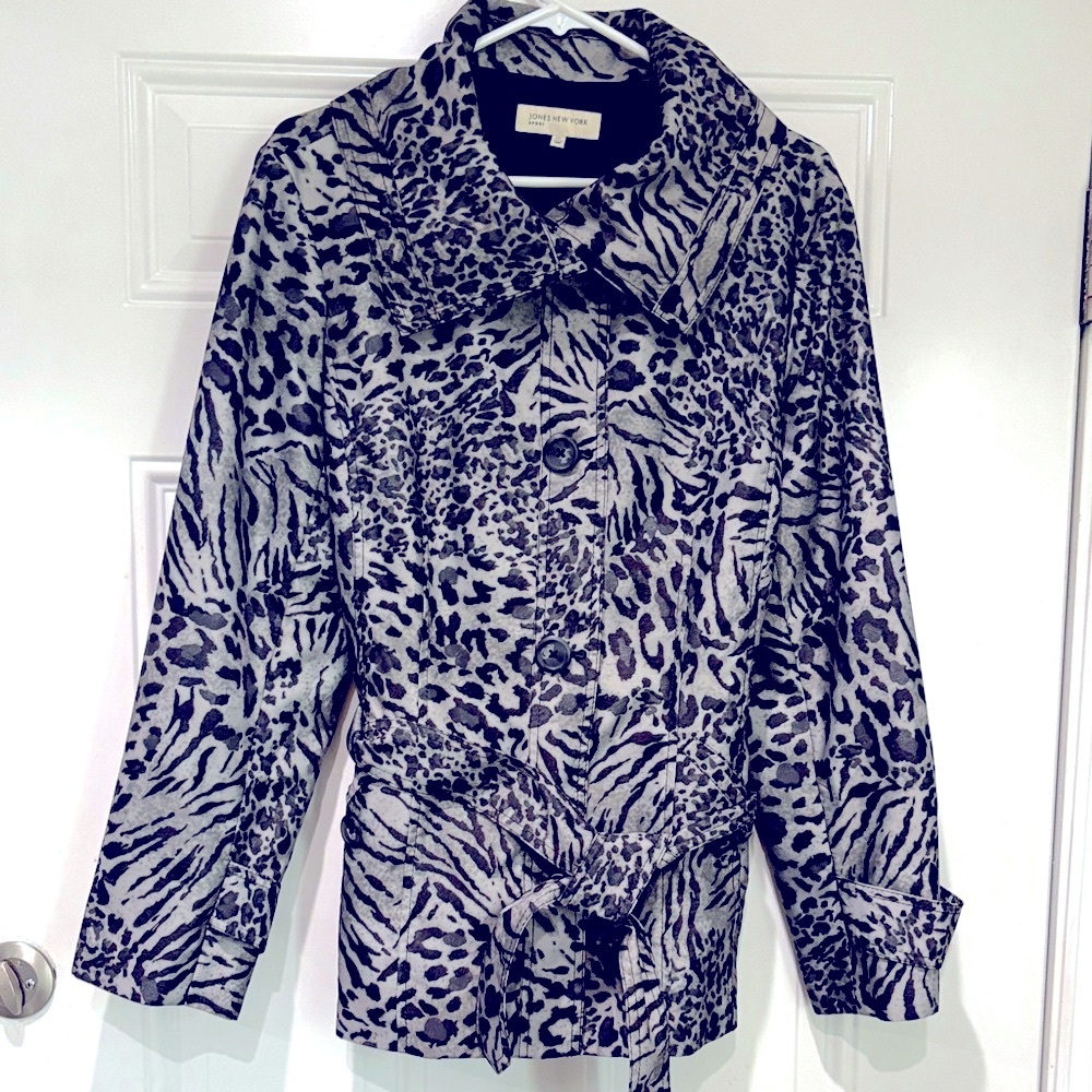 Jones New York Black and Gray Animal Print Trench Coat